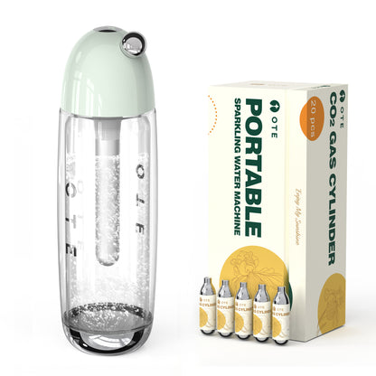 Macchina per acqua frizzante portatile OTE 450ml, macchina per la produzione di soda per la casa, macchina per acqua gassata senza elettricità, bottiglia in PET a doppio strato, senza BPA (include 20 pezzi bombola a gas)