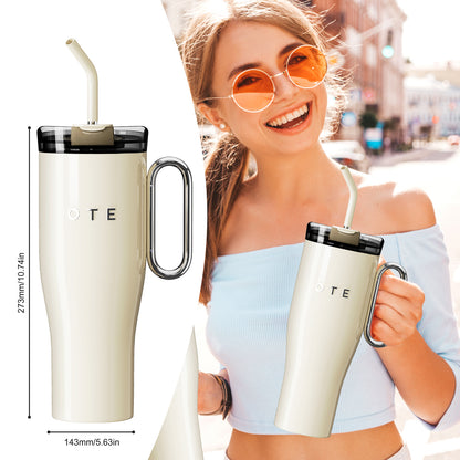 OTE1.2 L (42 oz) Tazza da caffè per andare, Tazza sottovuoto in acciaio a doppia parete con manico e paglia, senza BPA, Tumbler portatile per auto, Tazza termica, Tazza da caffè per bevande calde e fredde